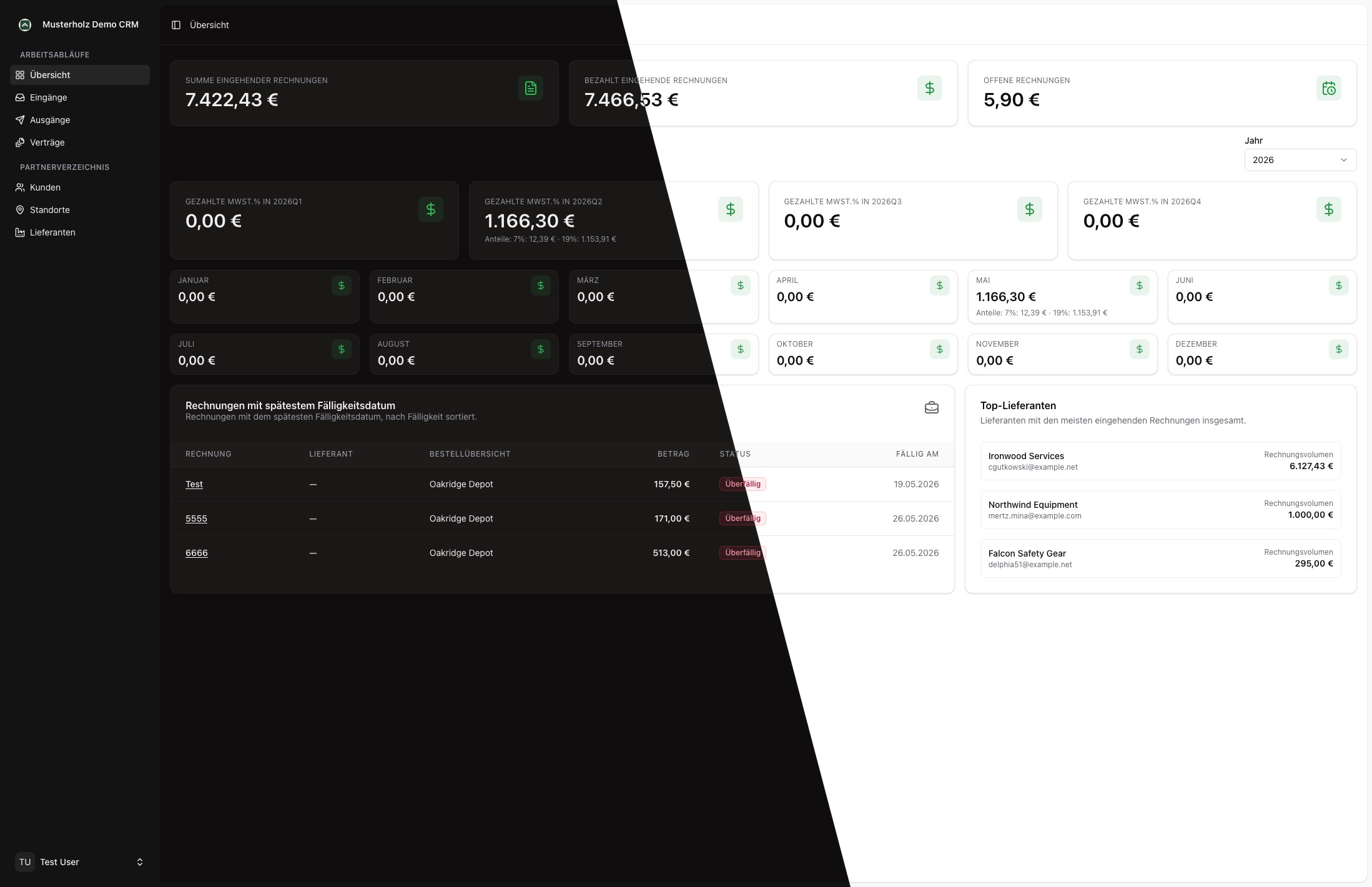 CRM Demo Dashboard mit diagonal geteilter dunkler und heller Oberflache