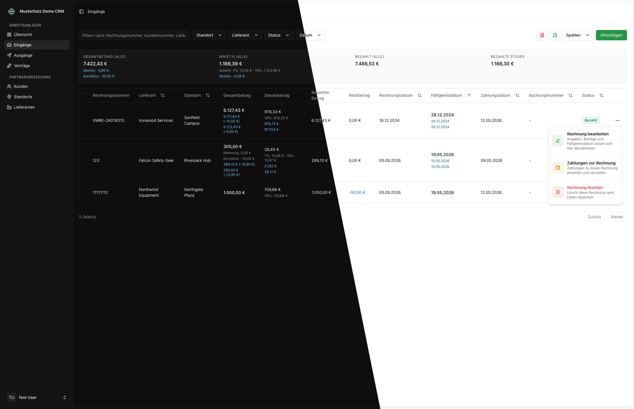 CRM Tabellenansicht mit diagonal geteilter dunkler und heller Darstellung